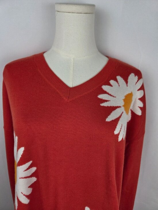 Laurie Felt Daisy Print V-Neck Orange Sweater Tunic Small Flower Power 70s Retro - Picture 3 of 12